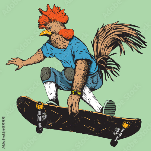 Rooster skater doing a grab trick. Skater rooster, mascot of a skateboarding team doing a indie grab dressed in streetwear with knee pads. Sport illustration concept.