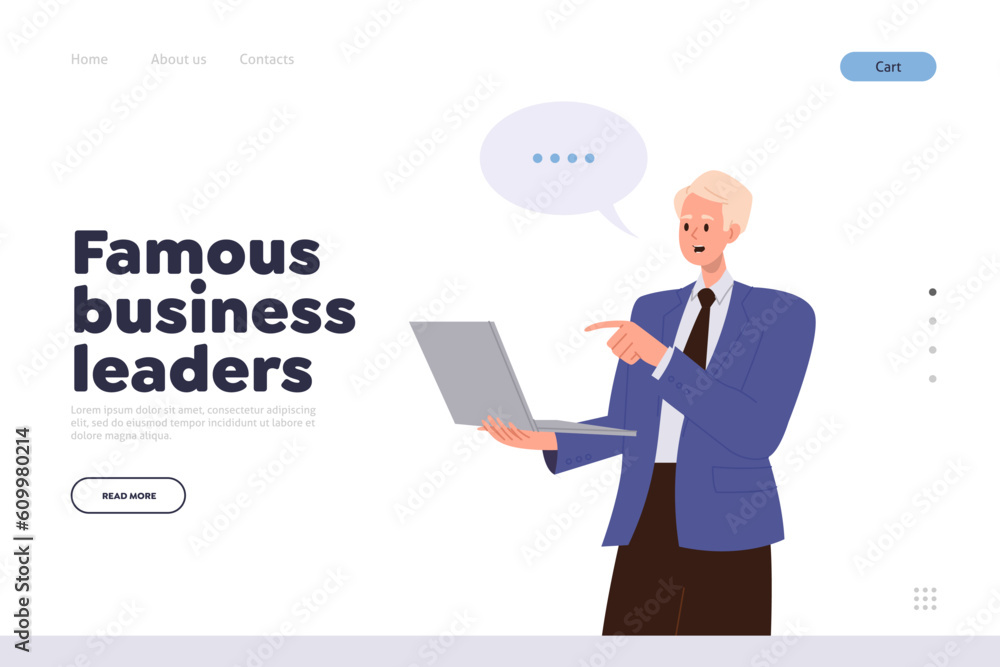 Famous business leader concept for landing page with businessman working online using laptop Famous business leader concept for landing page with businessman working online using laptop