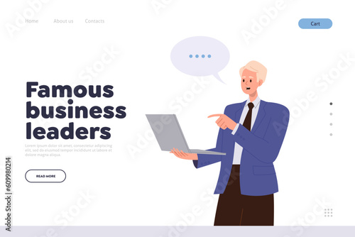 Famous business leader concept for landing page with businessman working online using laptop