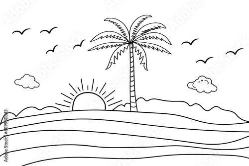 Summer sunset tropical beach line art vector illustration, hand drawn sunset and sunrise outline landscape tropical beach, palm tree with sunset waves Nature view, Kids drawing Beach coloring pages
