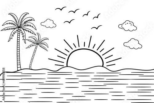 Summer sunset tropical beach line art vector illustration, hand drawn sunset and sunrise outline landscape tropical beach, palm tree with sunset waves Nature view, Kids drawing Beach coloring pages 

