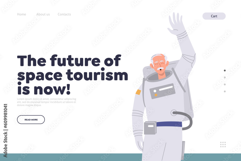 Future of space tourism now concept for landing page with elderly cosmonaut traveler waving hand Future of space tourism now concept for landing page with elderly cosmonaut traveler waving hand