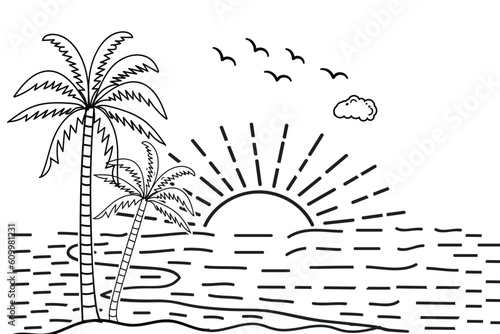 Summer sunset tropical beach line art vector illustration, hand drawn sunset and sunrise outline landscape tropical beach, palm tree with sunset waves Nature view, Kids drawing Beach coloring pages 

