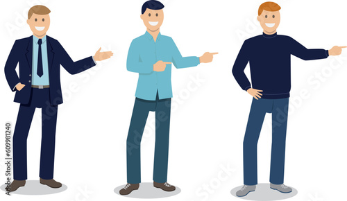illustration vectorielle montrant un ensemble de personnages qui indiquent une direction en faisant un signe de la main. Ils pointent du doigt