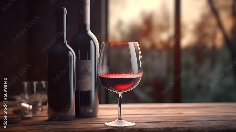 red wine with wine glass on the table, generative ai