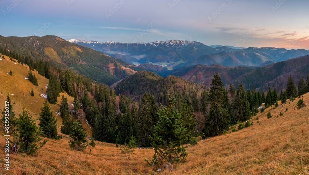 Dry grass, melting snow, illuminated hilltops. Autumn in Great Fatra Mountains (Velka Fatra ), Rakytov, Low Tatras in the background. Slovakia Dry grass, melting snow, illuminated hilltops. Autumn in Great Fatra Mountains (Velka Fatra ), Rakytov, Low Tatras in the background. Slovakia