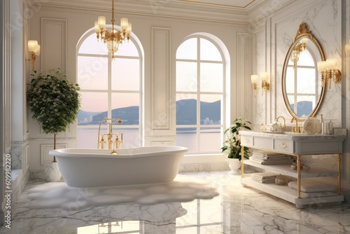 The classic large bathroom interior design with white marble colors and elegant white bathtub. Generative AI AIG27.