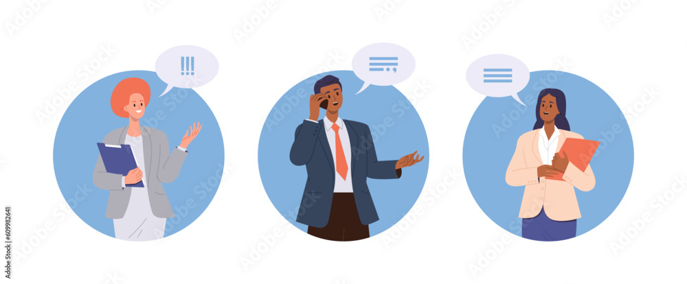 Isolated set of composition with business people talking and speaking enjoy nice conversation Isolated set of composition with business people talking and speaking enjoy nice conversation