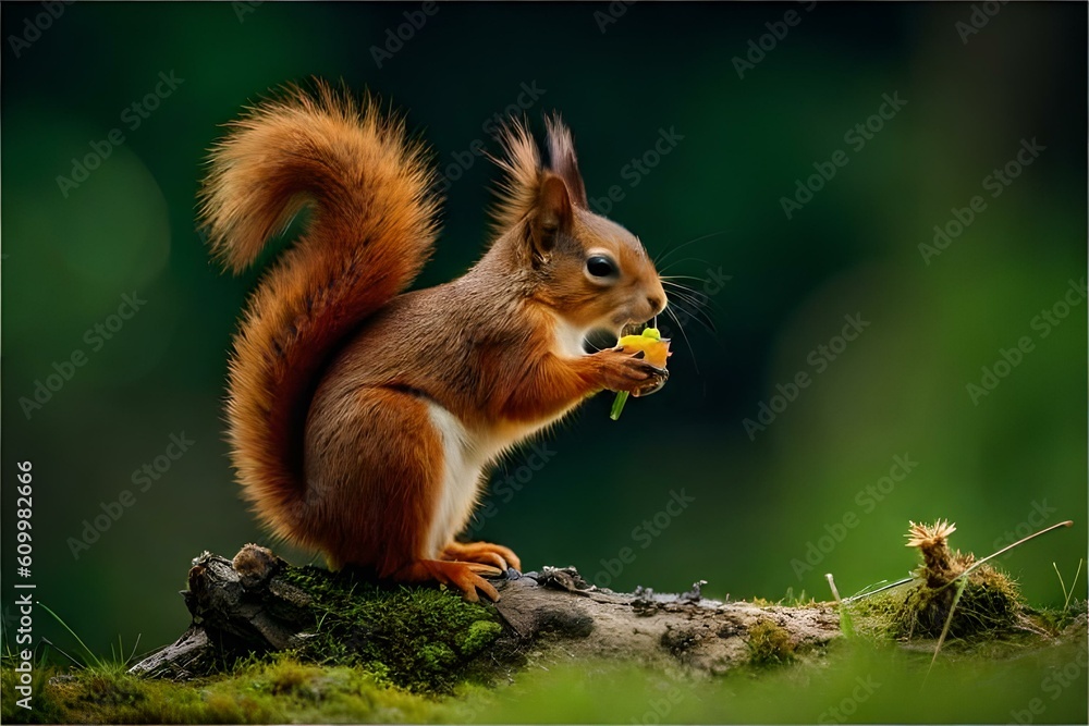 Fototapeta premium squirrel eating nut on tree by AI generating