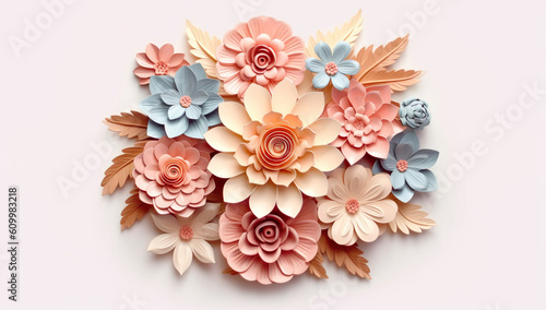 Paper flowers on white background. Cut from paper. Paper craft. Generative AI © CreativeCanvas