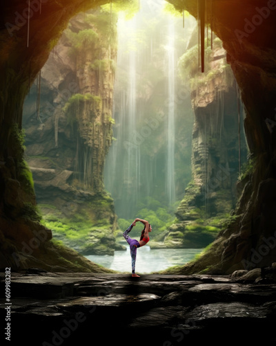 woman practice yoga near waterfall in cave with light rays.Generative AI
