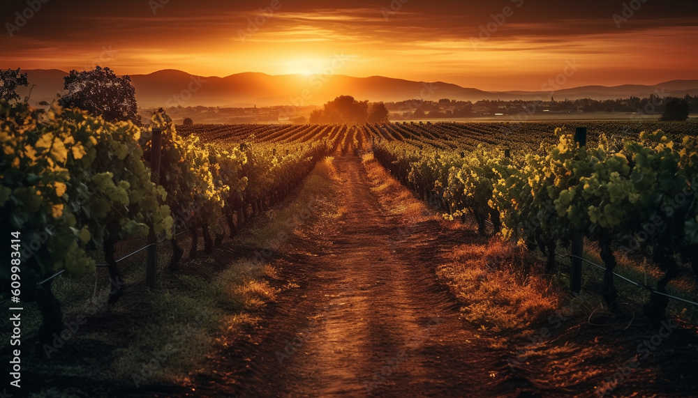 Naklejka premium Ripe grape vineyard in idyllic Italian landscape at dawn generated by AI