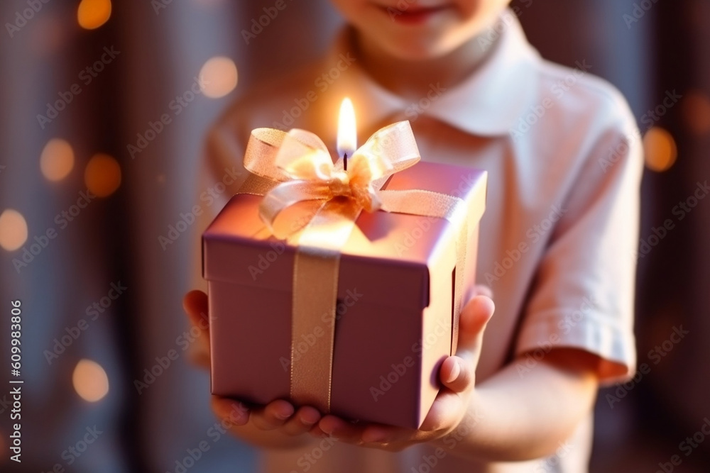Festive greeting with a gift box in the hands of a child close-up without a face. AI generated
