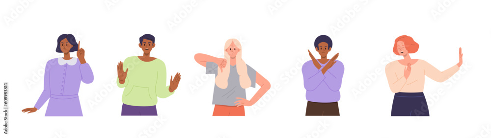 Set of different cartoon people character showing negative gesture and refusal, denial hand sign Set of different cartoon people character showing negative gesture and refusal, denial hand sign
