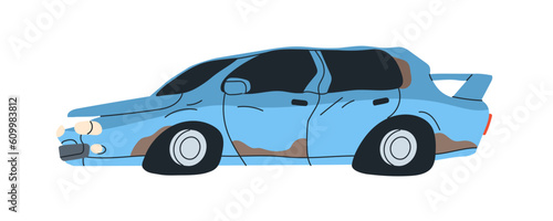 Broken damaged old car. Rusted crashed shattered auto junk. Rusty crushed abandoned automobile after accident. Smashed ruined transport body. Flat vector illustration isolated on white background