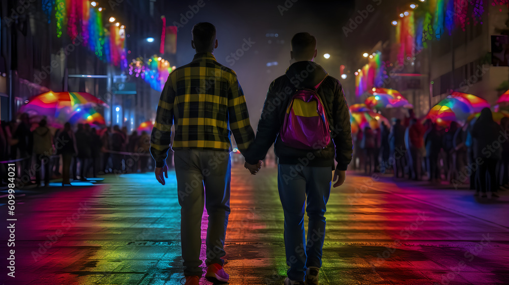 Men couple at night of pride parade. Concept of LGBT pride. AI generated Men couple at night of pride parade. Concept of LGBT pride. AI generated