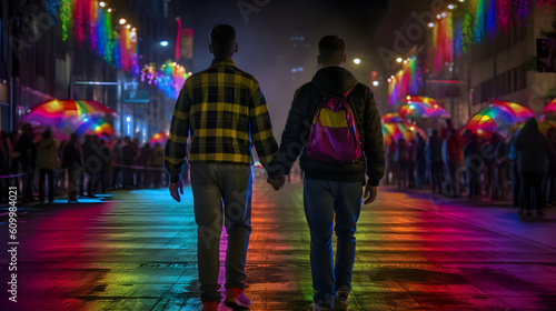Men couple at night of pride parade. Concept of LGBT pride. AI generated