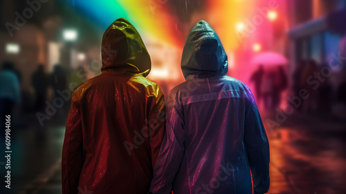 Couple with rainbow colored raincoat. AI generated