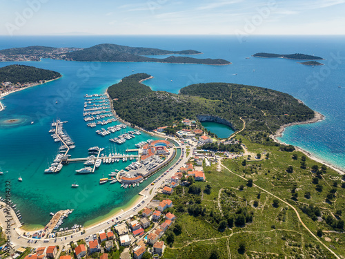 Fototapeta Naklejka Na Ścianę i Meble -  Aerial panoramic view of yachts at Marina Frapa resort in Rogoznica, Croatia