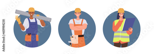 Builder and worker composition set, cartoon engineer, foreman and architect characters avatar