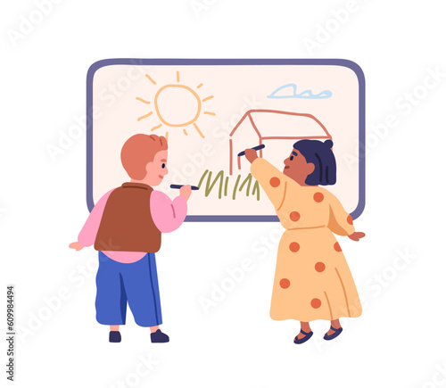 Kids drawing on board. Cute little boy, girl friends painting scribble picture on whiteboard. Kindergarten children, preschool child at leisure. Flat vector illustration isolated on white background