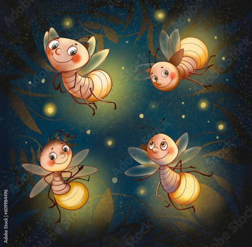 Flying fireflies against the background of the night sky