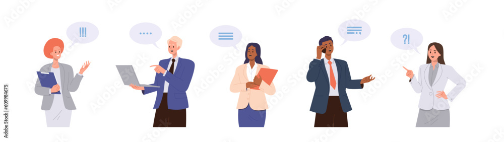 Set of diverse multiethnic business people characters speaking and talking using digital gadget Set of diverse multiethnic business people characters speaking and talking using digital gadget
