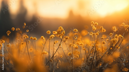 Yellow flowers with sunset on field 