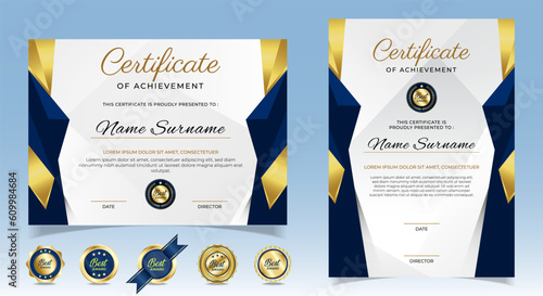 Template of Certificate of Appreciation with golden badge and blue elements. vector