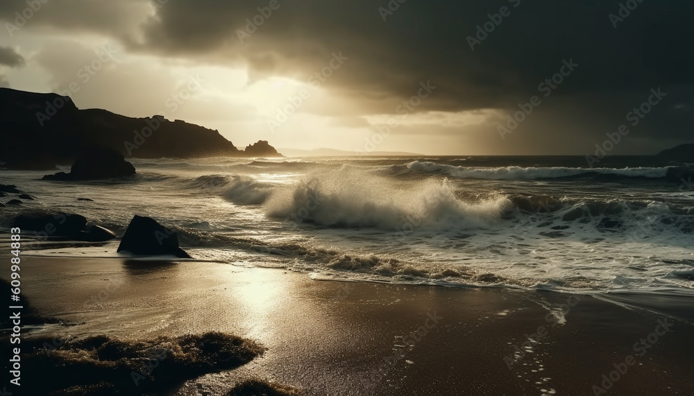 Tranquil seascape at dusk, waves breaking on sandy coastline generated by AI