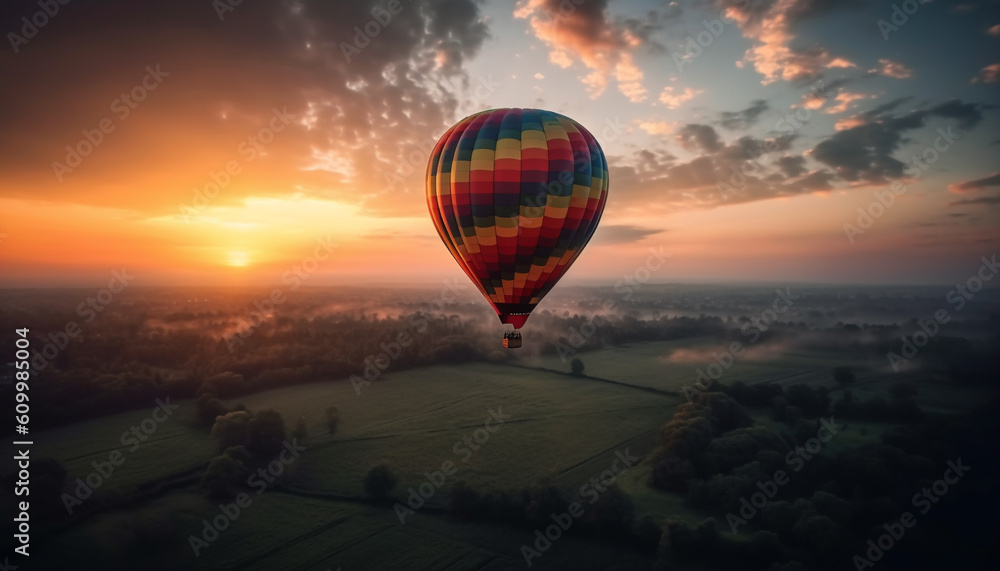 Levitating high up, hot air balloon soars over multi colored landscape generated by AI