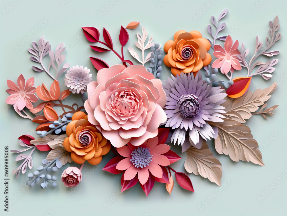 Paper flowers, pastel colors, light blue background, 3D illustration, Generative AI, Generative, AI.... Paper flowers, pastel colors, light blue background, 3D illustration, Generative AI, Generative, AI....
