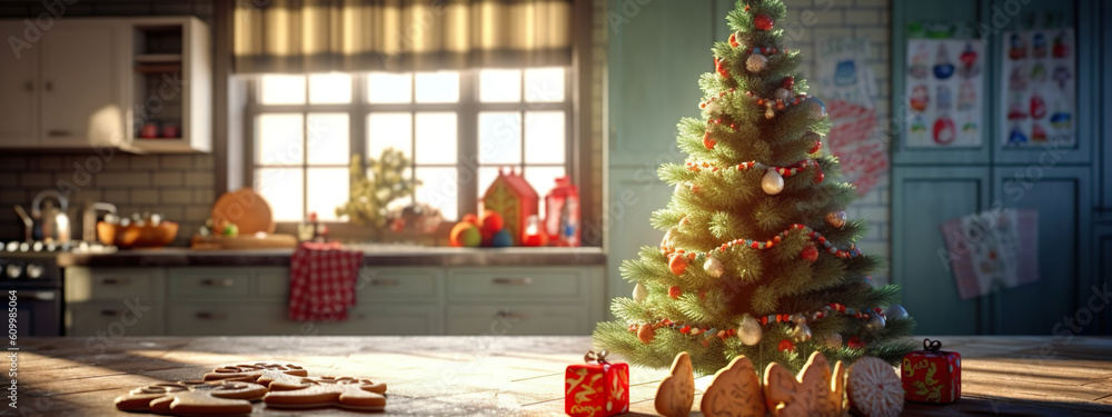 Christmas tree and gingerbread cookies in the kitchen. 3D rendering. Generative AI