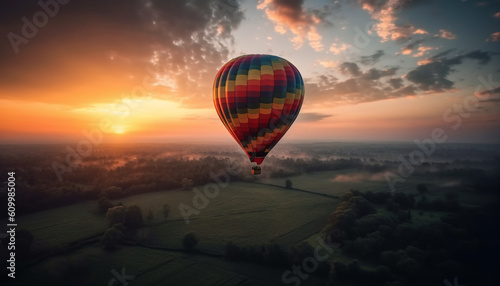 Levitating high up, hot air balloon soars over multi colored landscape generated by AI © djvstock