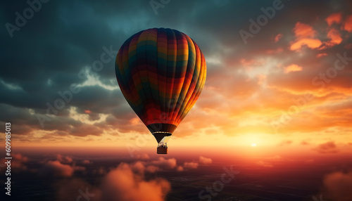 Hot air balloon flying over vibrant summer landscape at sunset generated by AI © djvstock