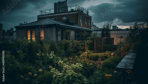 Spooky dusk illuminates abandoned old building in rural landscape generated by AI