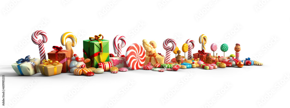 Fototapeta premium Christmas gifts and candy 3D render on white background with shadow. Generative AI