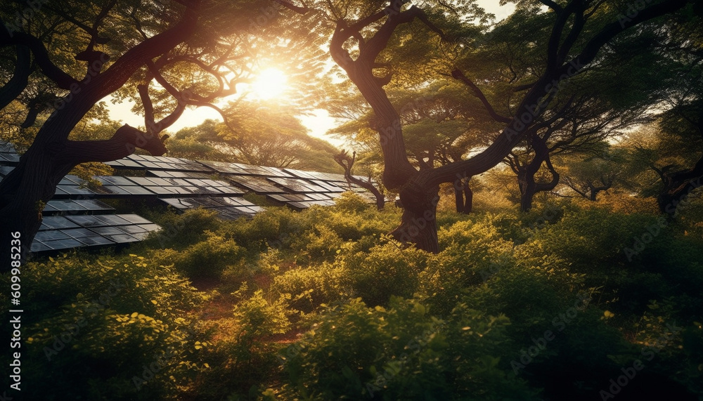 Fototapeta premium Tranquil sunset over vibrant forest, blossoming with multi colored flowers generated by AI