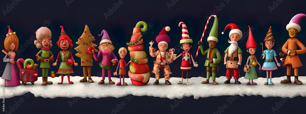Cartoon Christmas scene with elves and kids - illustration for children. Generative AI