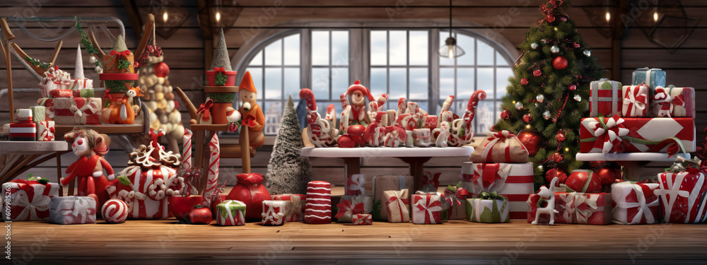 Christmas presents in the rustic room with Christmas tree. 3D rendering. Generative AI Christmas presents in the rustic room with Christmas tree. 3D rendering. Generative AI