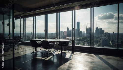 Modern office chair in urban skyline  looking through glass window generated by AI