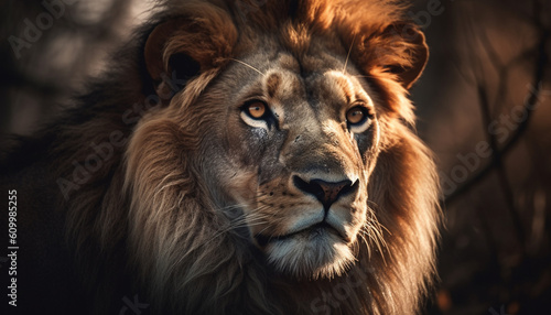 Majestic male lion staring at camera in African wilderness reserve generated by AI