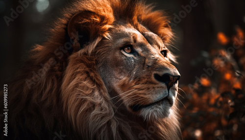 Majestic lioness staring at camera in African wilderness, fur glistening generated by AI © djvstock