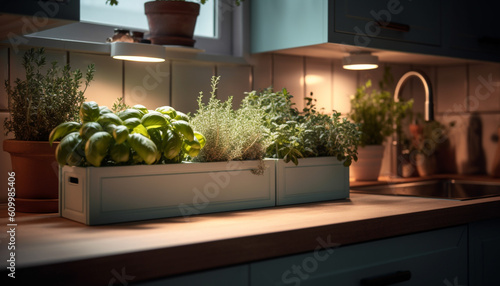 Fresh herb arrangement on modern table in domestic kitchen cooking generated by AI
