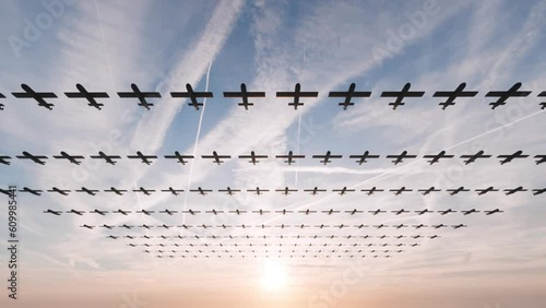 A swarm of military kamikaze drones deployed in a war zone to eliminate enemy targets with precision and speed.