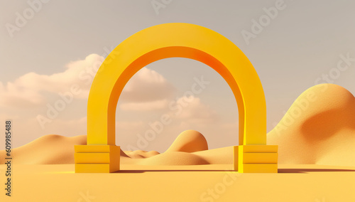 Yellow arch in the desert. 3D render. Abstract background. Generative AI