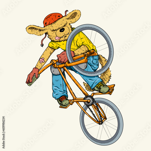 Dog bmx rieder jumping with his bike. Dog with his tongue out and dressed in streetwear, mascot of a bmx team. Sport illustration concept.