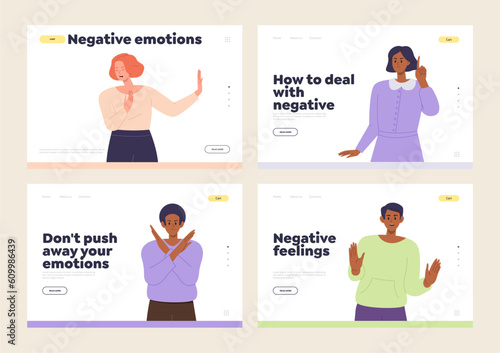 Set of landing page with negative emotion push away, transformation and acceptance concept