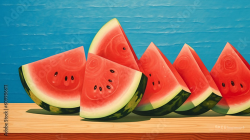 Slices of watermelon on blue wooden desk.