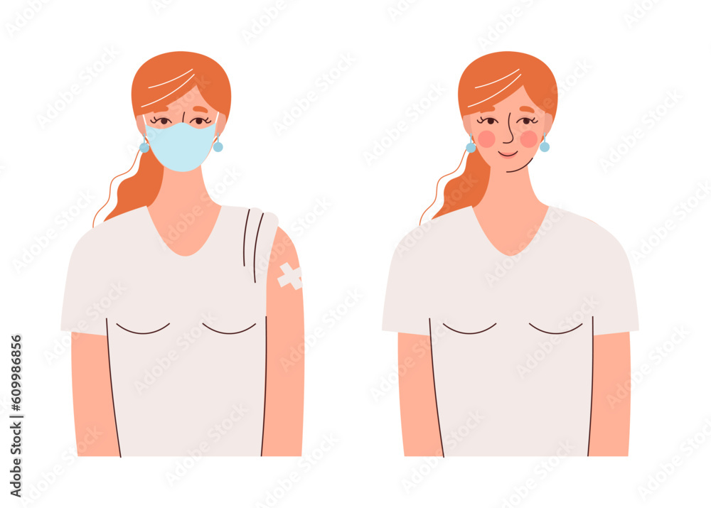 Vaccination of people.Young woman in a medical mask with a band-aid on her hand.Protection of people from coronavirus and other viruses, epidemics.Flat vector illustration isolated on white background Vaccination of people.Young woman in a medical mask with a band-aid on her hand.Protection of people from coronavirus and other viruses, epidemics.Flat vector illustration isolated on white background